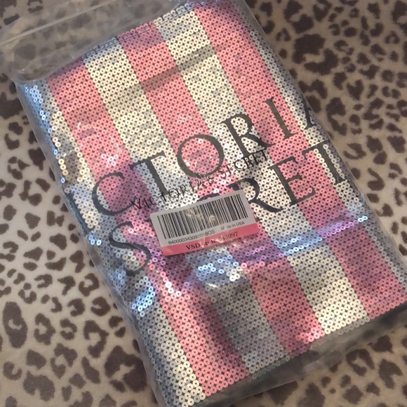 Victoria’s Secret Logo Sequin Stripe Weekender Duffle Travel Bag Pink Bling - Picture 4 of 16